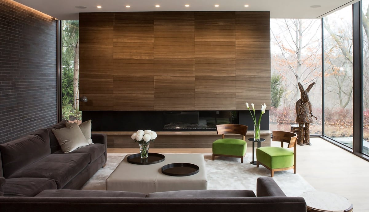 Luxury custom home interior with floor to ceiling windows and veneered oak